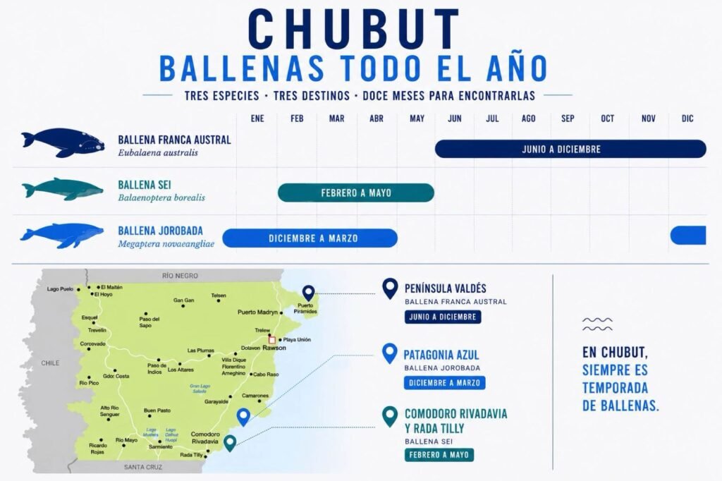 Calendario de Ballenas en la costa de Chubut, dentro del corredor turístico de la Ruta Azul