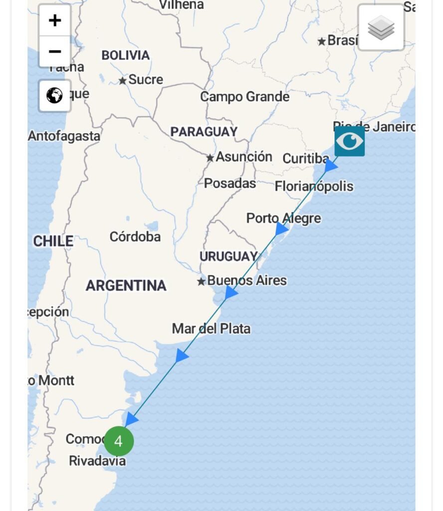 Mapa de la ruta migratoria de una ballena jorobada entre Chubut y Brasil