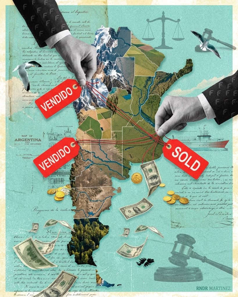 Ilustración del mapa de Argentina con etiquetas alusivas a la comercialización de recursos naturales